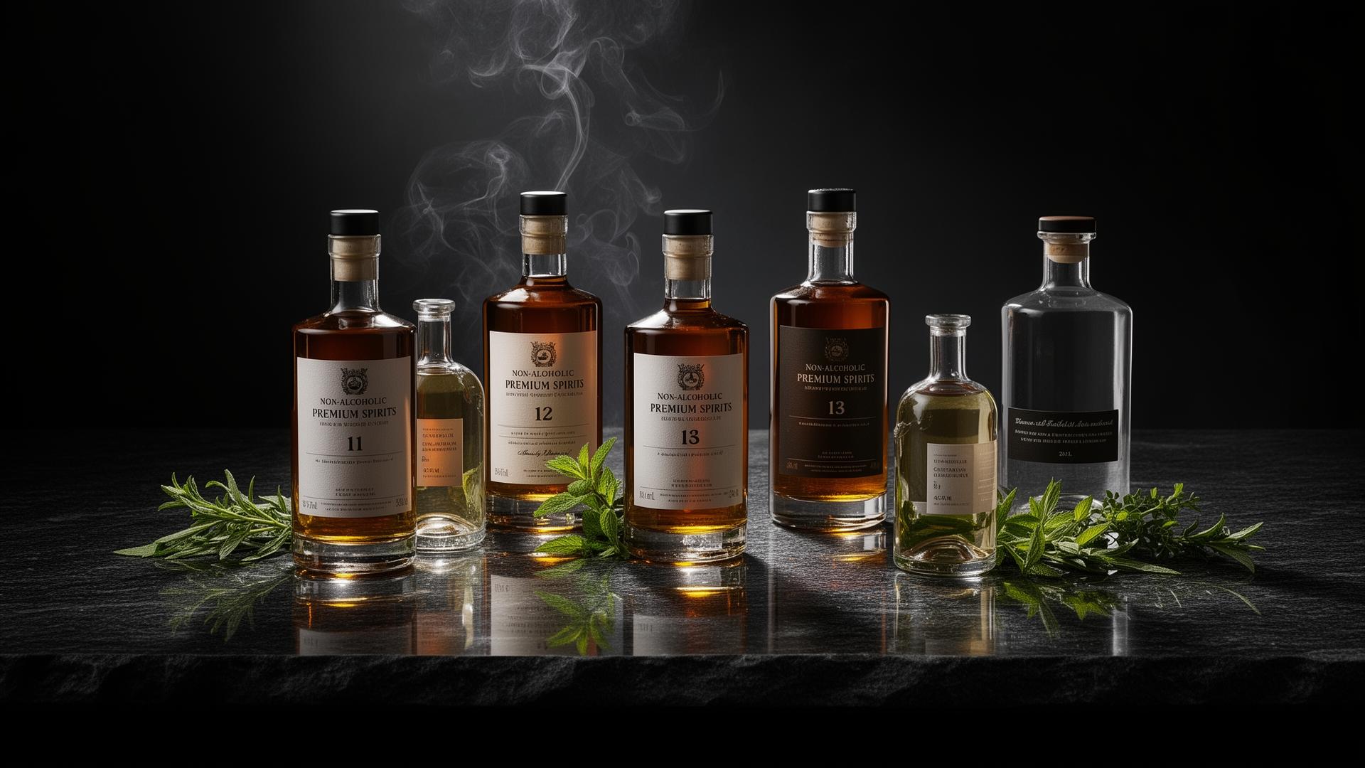 Premium zero proof spirits arranged on dark stone